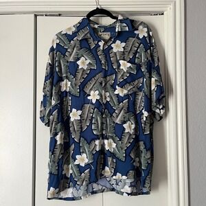 Splatt Fine Resortwear Mens XL Blue Tropical Hibiscus Palm Leaf Rayon